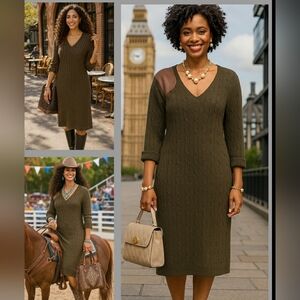 Ralph Lauren XL Midi Cable Knit Cashmere Cotton Olive V-Neck Sweater Dress